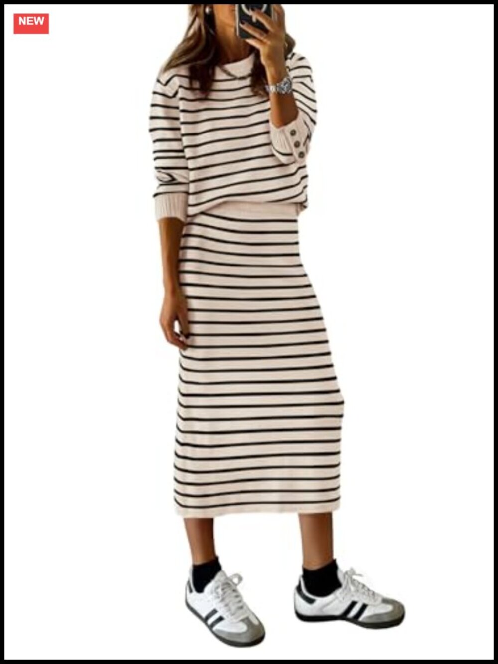 PRETTYGARDEN Women 2 Piece Striped Sweater Skirt Set